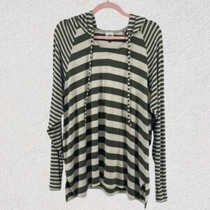Cabi Women L Green Stripe Hoodie Knit Tunic Top Lightweight Athleisure Comfort